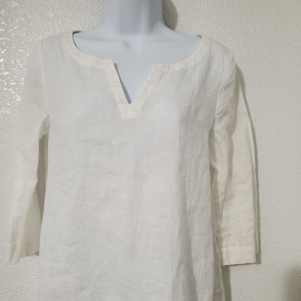 J.Jill Women's White Linen 3/4 Length Sleeve V Neck Blouse/Top Sz XS NEARLY NEW!